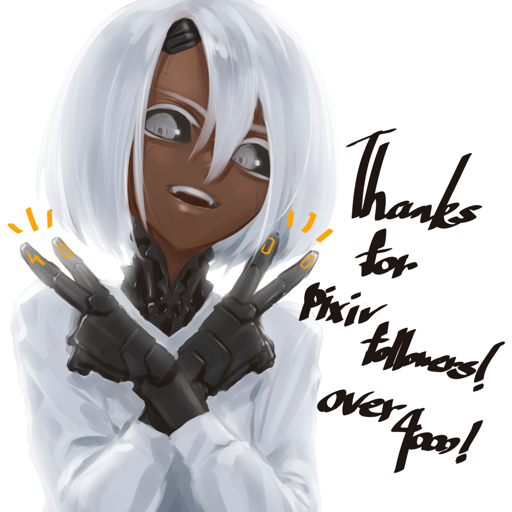 1girl :d black_sclera colored_sclera commentary_request cyborg dark_skin dark-skinned_female double_v english_text grey_eyes hair_between_eyes joints open_mouth original robot_joints science_fiction shirt smile solo tafuu_(tortafu) teeth v white_background white_hair white_shirt