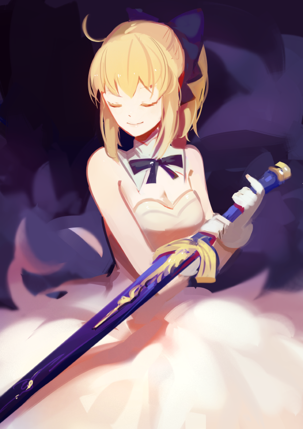 1girl 3four ahoge artoria_pendragon_(all) blonde_hair breasts closed_mouth dress fate/stay_night fate_(series) hair_ribbon ribbon saber smile solo sword weapon
