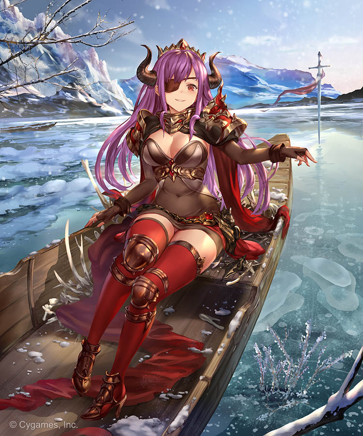 1girl 77gl armor armored_dress bangs boat breasts cleavage_cutout clothing_cutout day demon_horns eyepatch fingerless_gloves gloves high_heels horns large_breasts laura_(shadowverse) long_hair mountainous_horizon outdoors purple_hair red_eyes red_legwear shingeki_no_bahamut shoulder_armor sword thigh-highs water watercraft weapon