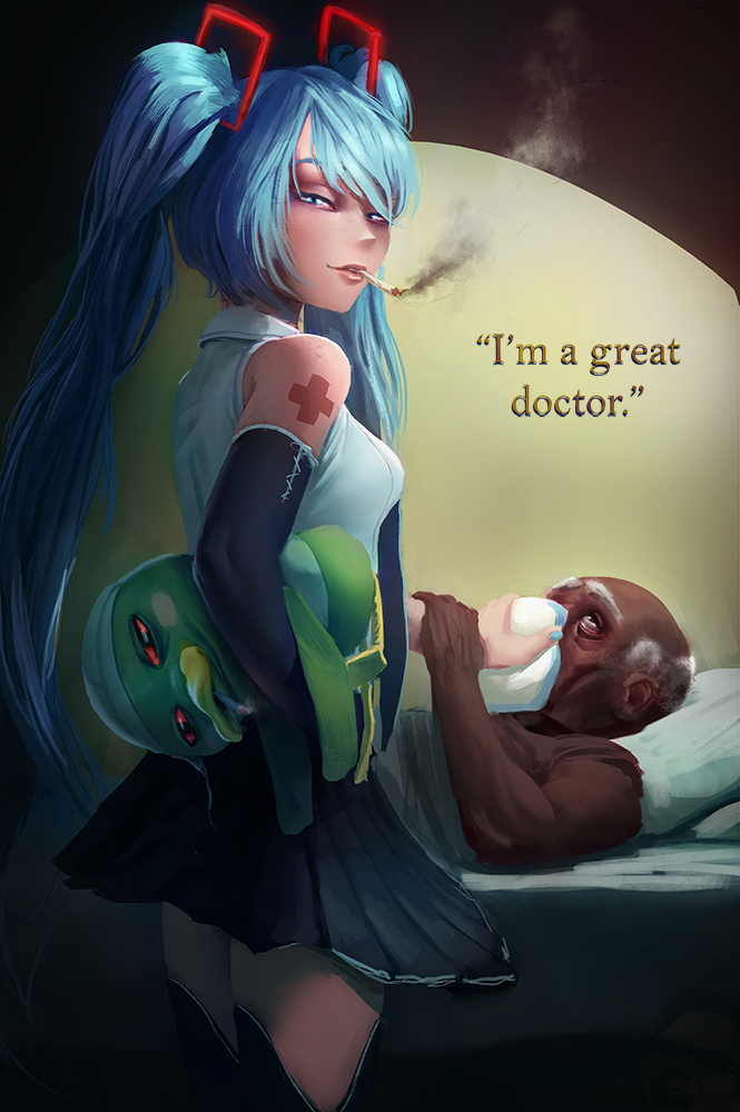 1girl 2boys amoralcrow animal_crossing aqua_eyes aqua_hair aqua_nails bed black_legwear black_sleeves bloodshot_eyes chloroform cigarette covering_mouth crossover dark_skin dark_skinned_male detached_sleeves english_text hand_over_another's_mouth hatsune_miku long_hair miniskirt multiple_boys old old_man pillow pleated_skirt scoot_(animal_crossing) shirt skirt sleeveless sleeveless_shirt smoke smoking tattoo thigh-highs twintails very_long_hair vocaloid zettai_ryouiki