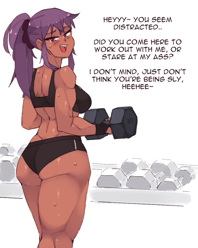 1girl ass back black_sports_bra breasts dark_skin dark-skinned_female dumbbell english_commentary english_text from_behind gym hair_ornament hair_scrunchie katawa_shoujo kneepits long_hair looking_at_viewer looking_back mature medium_breasts miura_miki muscular muscular_female older ponytail purple_hair purple_scrunchie rtil scrunchie solo sports_bra standing sweat thick_thighs thighs upper_body very_dark_skin violet_eyes weightlifting weights