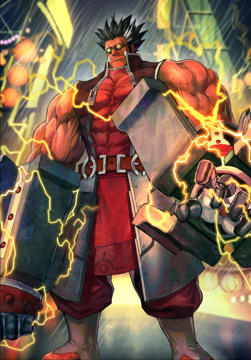 1boy artist_request black_hair blazblue blazblue_alternative:_dark_war colored_skin cyborg electricity gauntlets glasses glint iron_tager male_focus muscular muscular_male official_art rain red_skin solo spiky_hair third-party_source tusks