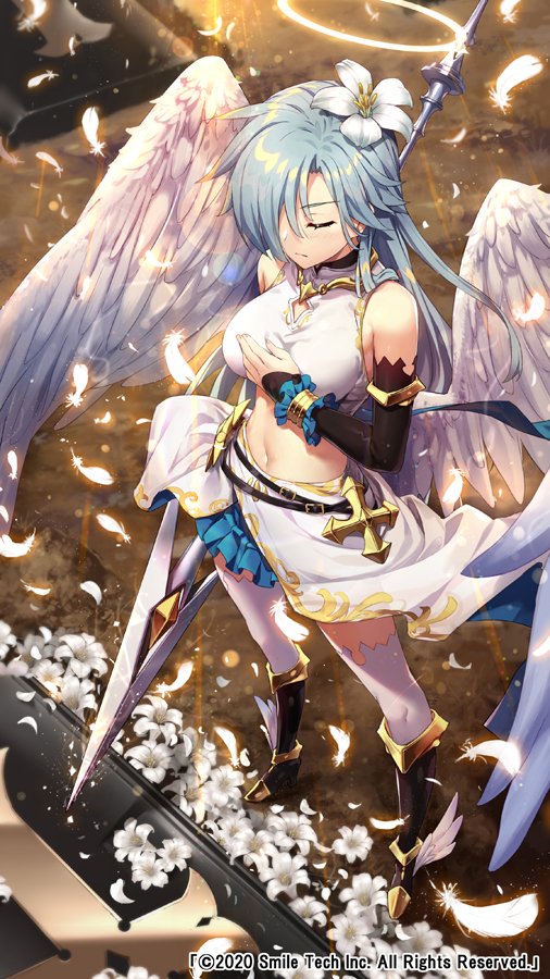 1girl angel angel_wings armlet armored_boots bare_shoulders black_footwear blue_hair blue_skirt boots bracelet breasts closed_eyes crop_top detached_sleeves feathered_wings feathers flower gabiran hair_flower hair_ornament hair_over_one_eye halo hand_on_own_chest holding jewelry large_breasts long_hair long_sleeves midriff miniskirt navel official_art polearm ragnania shirt skirt sleeveless sleeveless_shirt solo spear standing thigh-highs very_long_hair weapon white_legwear white_shirt winged_footwear wings zettai_ryouiki