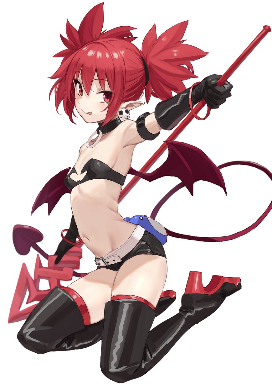 1girl :p bangle bangs belt black_choker black_footwear black_gloves black_shorts blush boots bracelet breasts choker disgaea earrings etna gloves hair_between_eyes high_heel_boots high_heels highres holding holding_weapon jewelry kneeling michitaro_smile pointy_ears polearm red_eyes redhead short_shorts short_twintails shorts simple_background skull_earrings small_breasts solo spear tail thigh-highs thigh_boots tongue tongue_out twintails weapon white_background white_belt wings