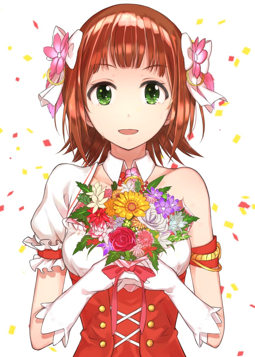1girl :d amami_haruka asymmetrical_sleeves bangs bouquet bow brown_hair bustier collarbone detached_collar elbow_gloves eyebrows_visible_through_hair flower gloves green_eyes hair_bow hair_flower hair_ornament highres holding holding_bouquet idolmaster idolmaster_(classic) looking_at_viewer open_mouth pink_flower purple_flower red_flower red_rose rose shiny shiny_hair short_hair smile solo suzumo70 tears upper_body white_background white_bow white_flower white_gloves yellow_flower