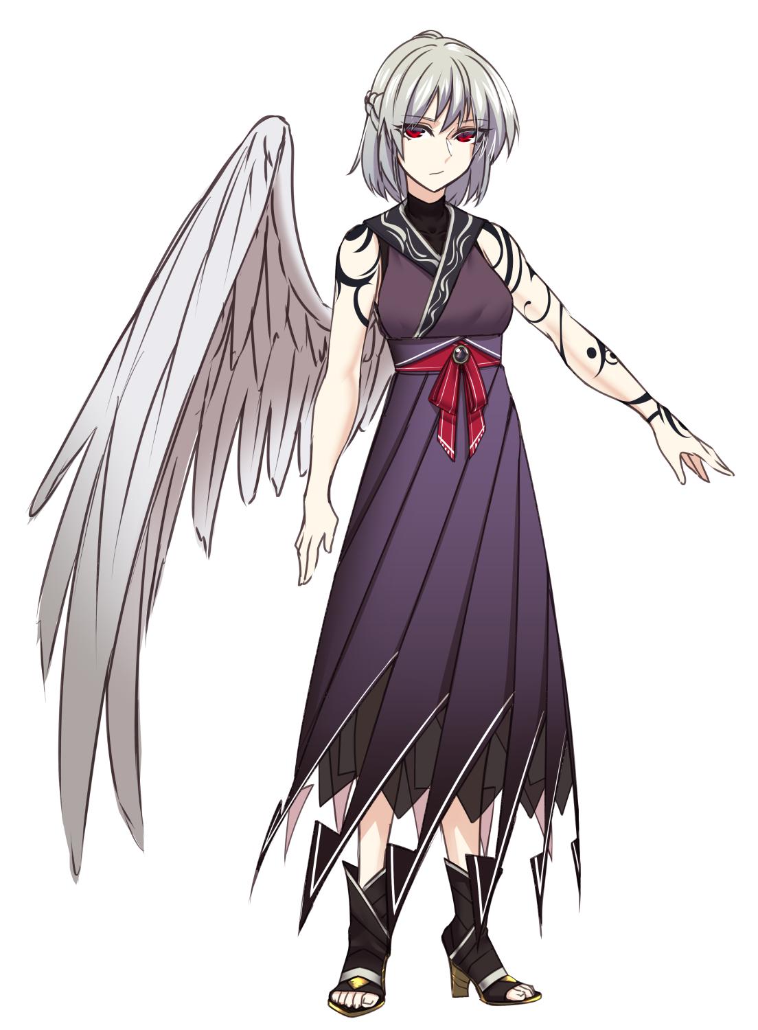 1girl ankle_boots arm_tattoo arms_at_sides boots braid closed_mouth dress feathered_wings french_braid grey_hair grey_wings high_heel_boots high_heels highres kishin_sagume long_dress looking_at_viewer medium_hair purple_dress red_eyes shoulder_tattoo shukusuri single_wing solo standing tattoo toeless_boots touhou wings