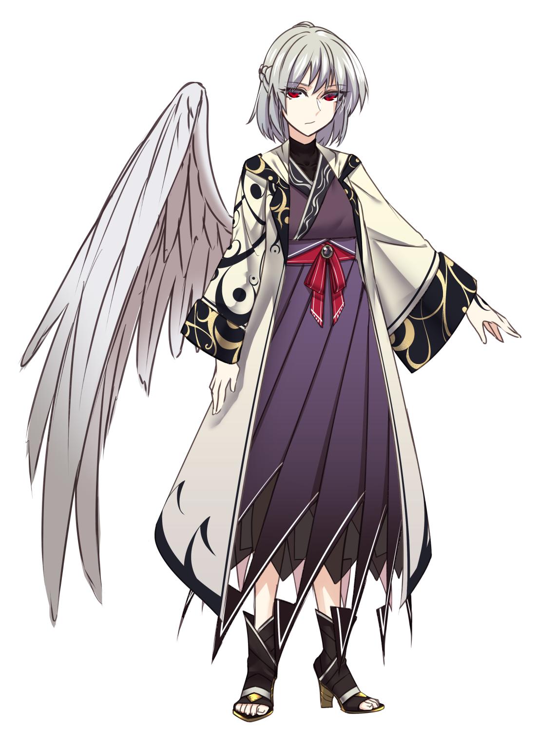 1girl ankle_boots arm_tattoo arms_at_sides boots braid closed_mouth coat dress feathered_wings french_braid grey_hair grey_wings high_heel_boots high_heels highres kishin_sagume long_dress long_sleeves looking_at_viewer medium_hair open_clothes open_coat purple_dress red_eyes shukusuri single_wing solo standing tattoo toeless_boots touhou white_coat wings