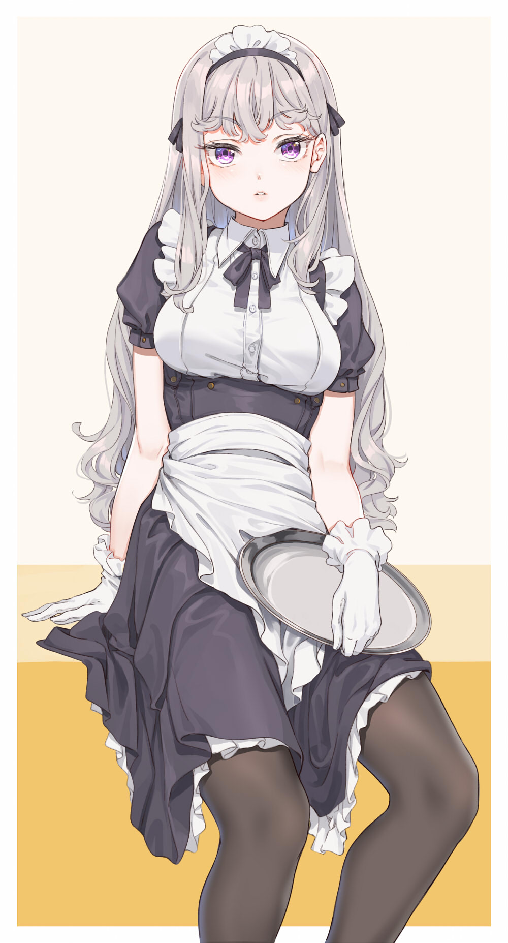 1girl apron bangs black_legwear breasts eyebrows_visible_through_hair fangxiang_cuoluan frills gloves grey_hair highres looking_at_viewer maid maid_apron maid_headdress original parted_lips sitting solo tray violet_eyes white_gloves