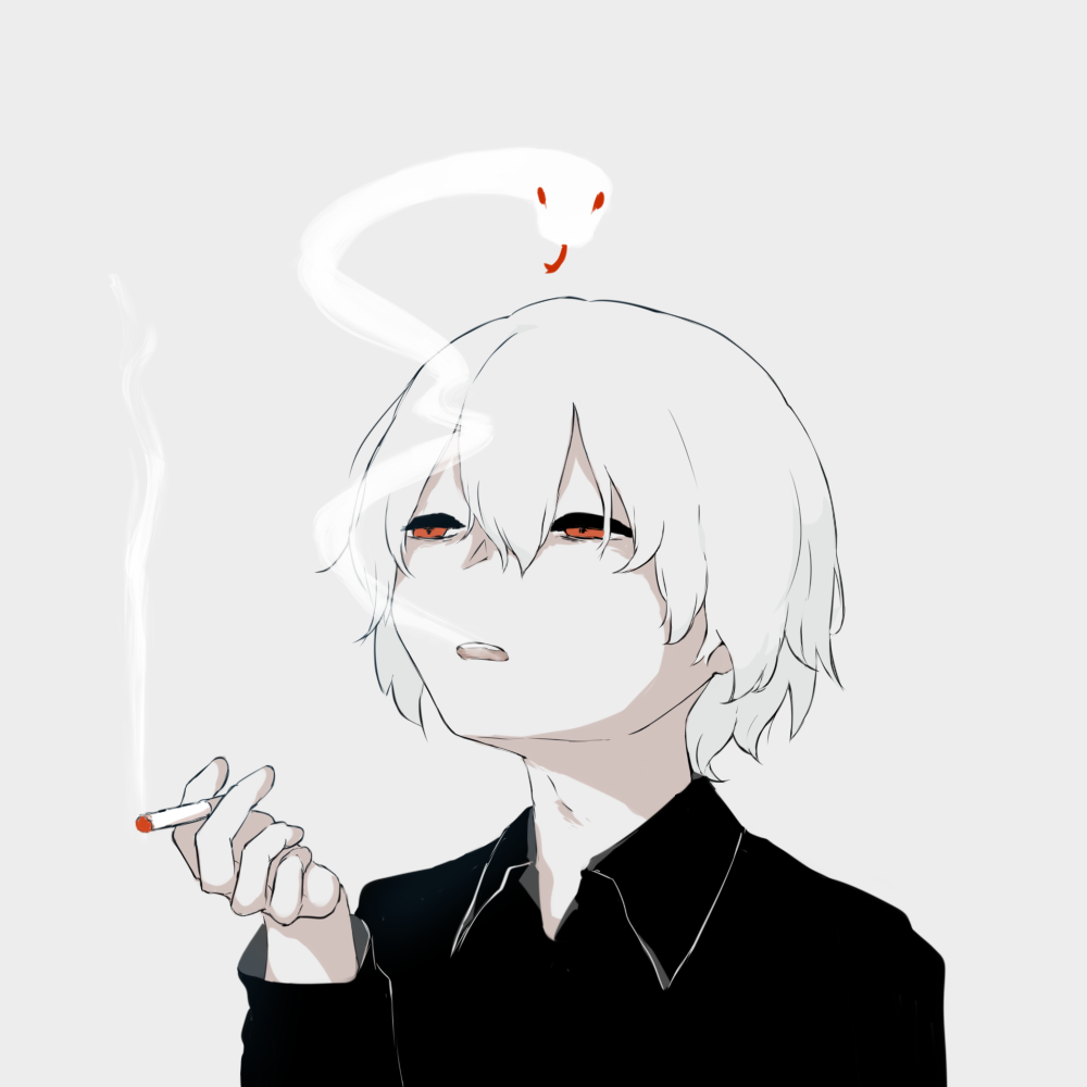 1boy avogado6 black_shirt cigarette commentary_request grey_background hair_between_eyes half-closed_eyes holding holding_cigarette male_focus medium_hair original parted_lips red_eyes shirt simple_background smoke smoking snake solo upper_body white_hair white_snake