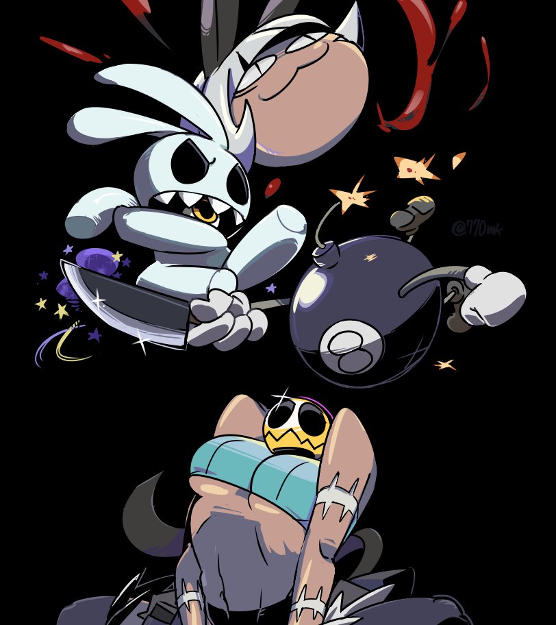 1girl 770mk :3 animal animal_ears black_background bob_cut bomb breasts cartoonized cat_ears cat_tail dark_skin dark-skinned_female decapitation george_the_bomb medium_breasts ms._fortune_(skullgirls) rabbit ribbed_sweater skullgirls slit_pupils squatting stitched_arm stitches sweater tail white_hair yellow_eyes