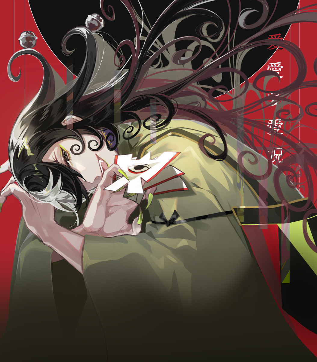 1boy androgynous ashiya_douman_(fate) asymmetrical_hair bell black_eyes black_hair black_nails curly_hair earrings eyeshadow fangs fate/grand_order fate_(series) fingernails green_eyeshadow green_kimono green_lips green_nails hair_bell hair_between_eyes hair_intakes hair_ornament highres japanese_clothes jewelry jitome kimono long_hair magatama magatama_earrings makeup male_focus motion_lines multicolored_hair open_mouth poppoman red_background red_eyes sharp_fingernails smile solo two-tone_hair very_long_fingernails very_long_hair white_hair wide_sleeves