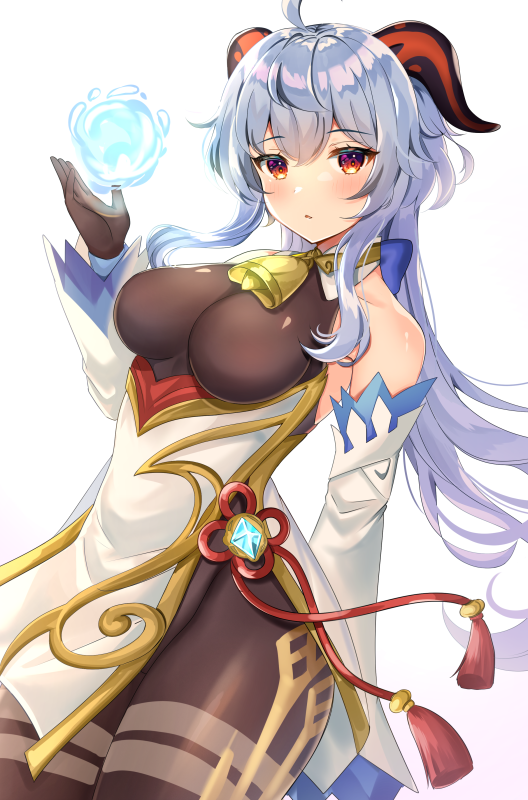 1girl :o ahoge bangs bare_shoulders bell black_gloves blue_hair bodysuit breasts brown_bodysuit cowbell detached_sleeves eyebrows_visible_through_hair ganyu_(genshin_impact) genshin_impact gloves goat_horns hand_up horns katsushika_pachi long_hair looking_at_viewer medium_breasts orb red_eyes solo white_background