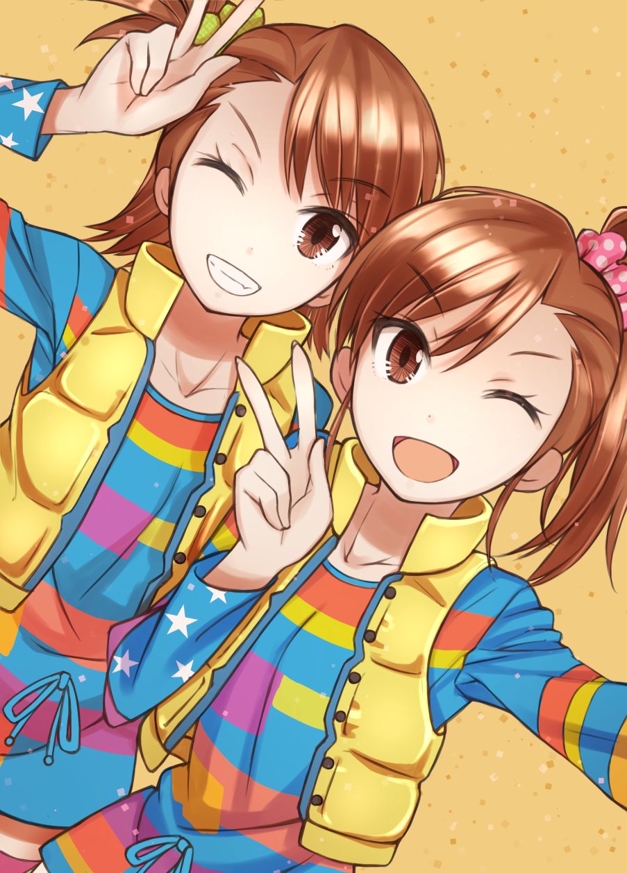 2girls ;d bangs blue_ribbon brown_hair collarbone eyebrows_visible_through_hair futami_ami futami_mami green_eyes green_scrunchie grin hair_ornament hair_scrunchie highres idolmaster idolmaster_(classic) long_hair long_sleeves looking_at_viewer multiple_girls one_eye_closed open_mouth pink_scrunchie plaid plaid_scrunchie polka_dot polka_dot_scrunchie ribbon scrunchie shiny shiny_hair shirt short_hair siblings side_ponytail sisters smile standing star_(symbol) star_print striped striped_shirt suzumo70 swept_bangs v w yellow_background