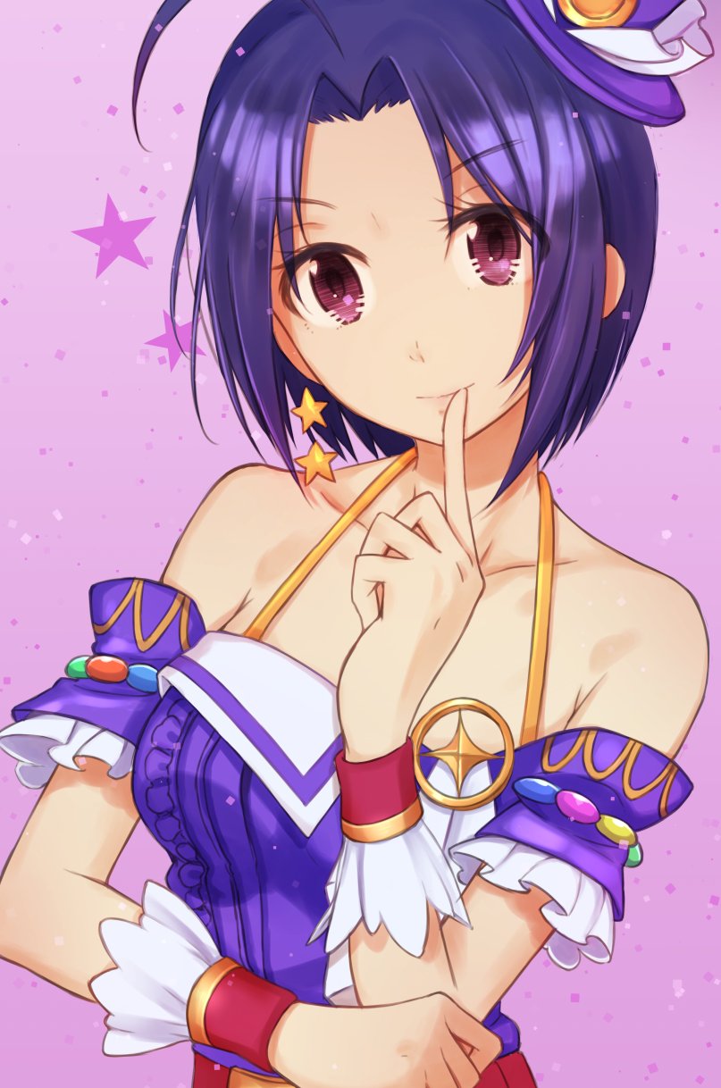 1girl ahoge blue_hair closed_mouth collarbone detached_sleeves earrings hair_intakes halterneck highres idolmaster idolmaster_(classic) index_finger_raised jewelry miura_azusa purple_background purple_sleeves shiny shiny_hair short_hair short_sleeves smile solo star_(symbol) star_earrings suzumo70 upper_body