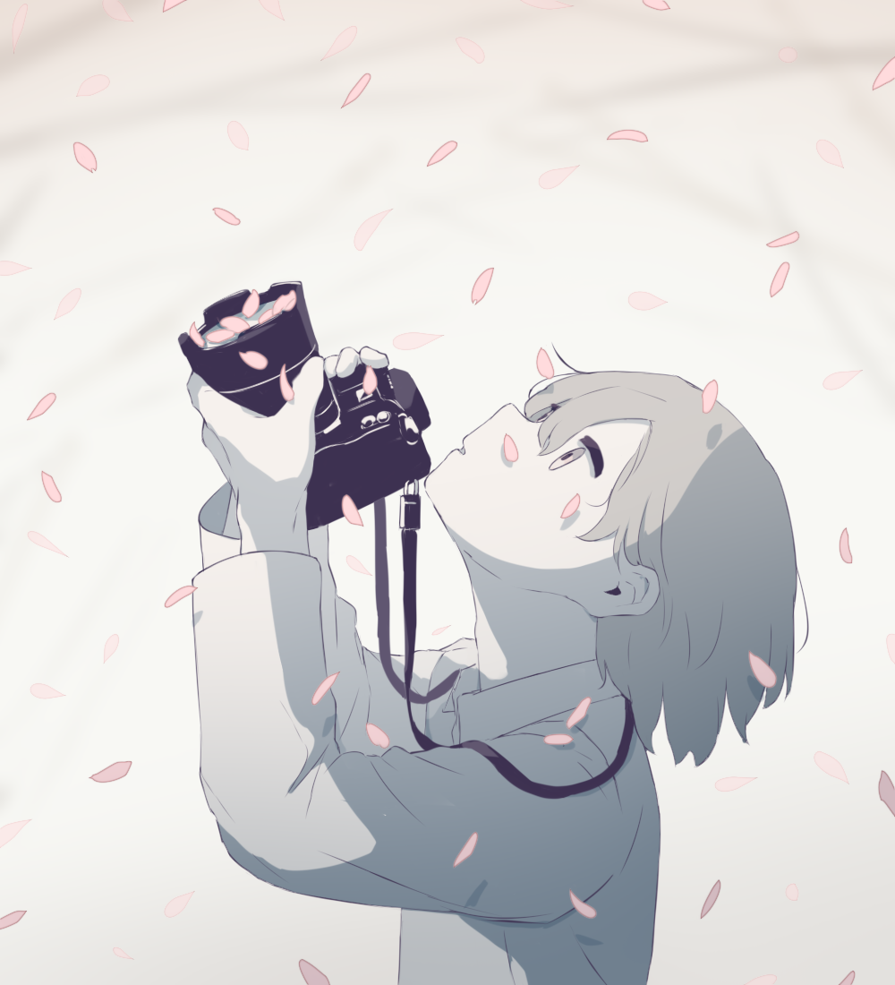 1boy avogado6 camera cherry_blossoms colored_skin from_side grey_eyes grey_hair hands_up holding holding_camera long_sleeves looking_up male_focus original parted_lips petals shirt solo white_shirt white_skin wide-eyed