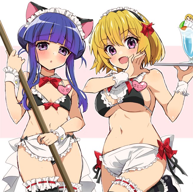 apron bangs bikini black_bikini blonde_hair blue_hair blunt_bangs breasts choker detached_collar eru fang flat_chest frilled_apron frilled_bikini frilled_choker frills furude_rika hairband higurashi_no_naku_koro_ni houjou_satoko large_breasts long_hair maid maid_apron maid_bikini maid_headdress navel older shiny shiny_hair shiny_skin short_hair standing swimsuit violet_eyes waist_apron white_apron