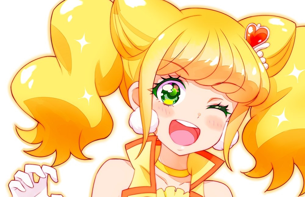 1girl ;d bangs bare_shoulders blonde_hair blush choker collarbone cure_sparkle earrings eyebrows_visible_through_hair gloves green_eyes hair_ornament healin'_good_precure heart heart_hair_ornament jewelry kyoutsuugengo long_hair one_eye_closed open_mouth portrait precure shiny shiny_hair smile solo twintails white_gloves yellow_choker