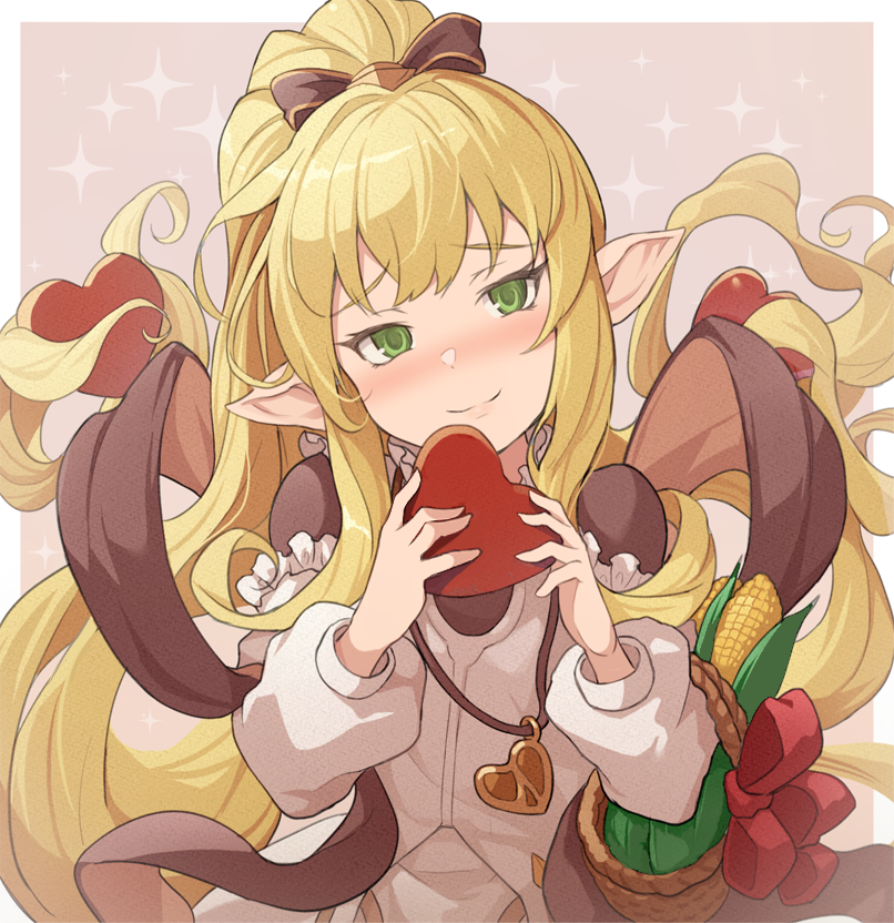 1girl basket blonde_hair blush bow candy chocolate chocolate_heart corn food granblue_fantasy green_eyes harvin heart hinami_(hinatamizu) jewelry long_hair melissabelle pendant pointy_ears ponytail shawl smile sparkle_background valentine very_long_hair