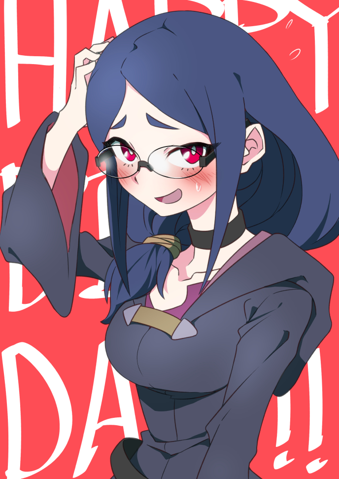 1girl background_text bespectacled black_choker blue_hair blush breasts choker collarbone commentary_request glasses hair_tubes happy_birthday kou_eno little_witch_academia long_hair looking_at_viewer medium_breasts open_mouth red_background red_eyes robe simple_background smile solo sweatdrop upper_body ursula_charistes wide_sleeves