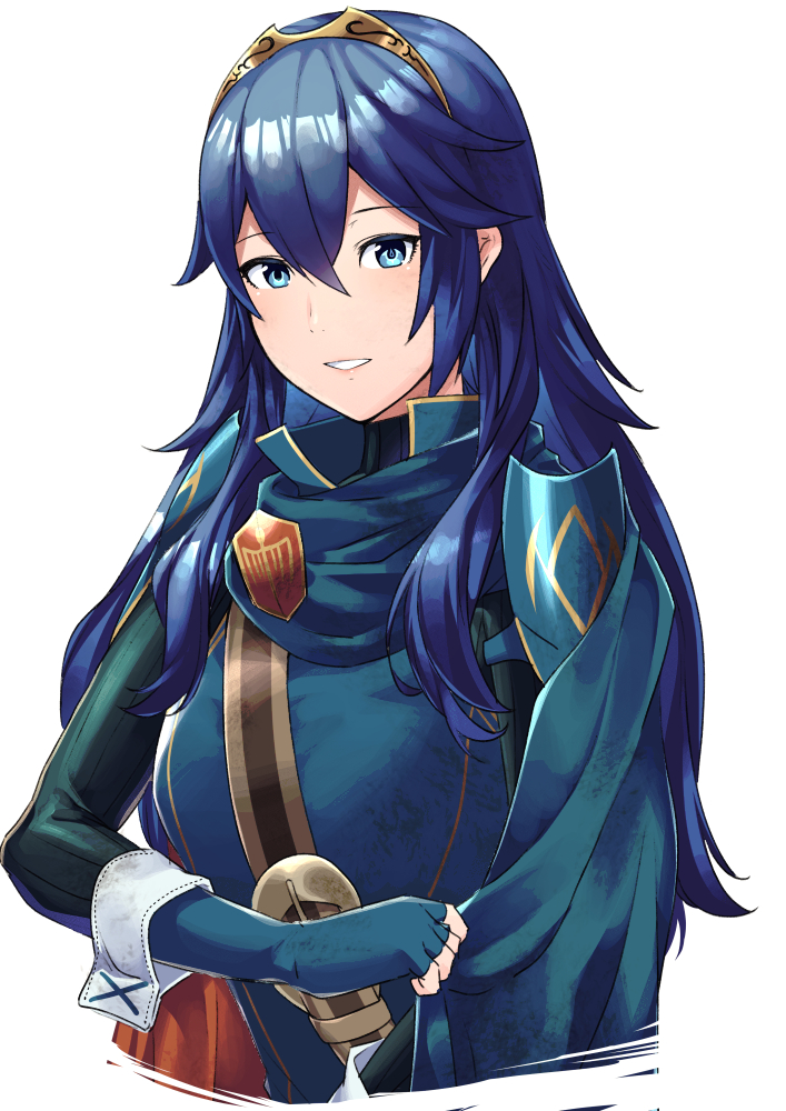 1girl ameno_(a_meno0) blue_eyes blue_hair elbow_gloves fingerless_gloves fire_emblem fire_emblem_awakening gloves hair_between_eyes long_hair looking_at_viewer lucina_(fire_emblem) scarf simple_background smile solo symbol-shaped_pupils tiara white_background