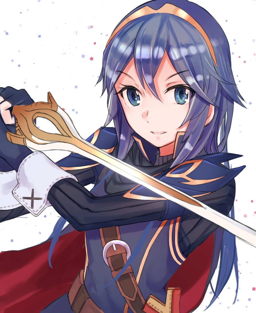 1girl bangs black_gloves blue_eyes blue_hair cape eyebrows_visible_through_hair falchion_(fire_emblem) fingerless_gloves fire_emblem fire_emblem_awakening gloves hair_between_eyes hairband holding holding_sword holding_weapon long_hair long_sleeves looking_at_viewer lucina_(fire_emblem) open_mouth red_cape shiny shiny_hair sketch solo suzumo70 sword upper_body very_long_hair weapon white_background