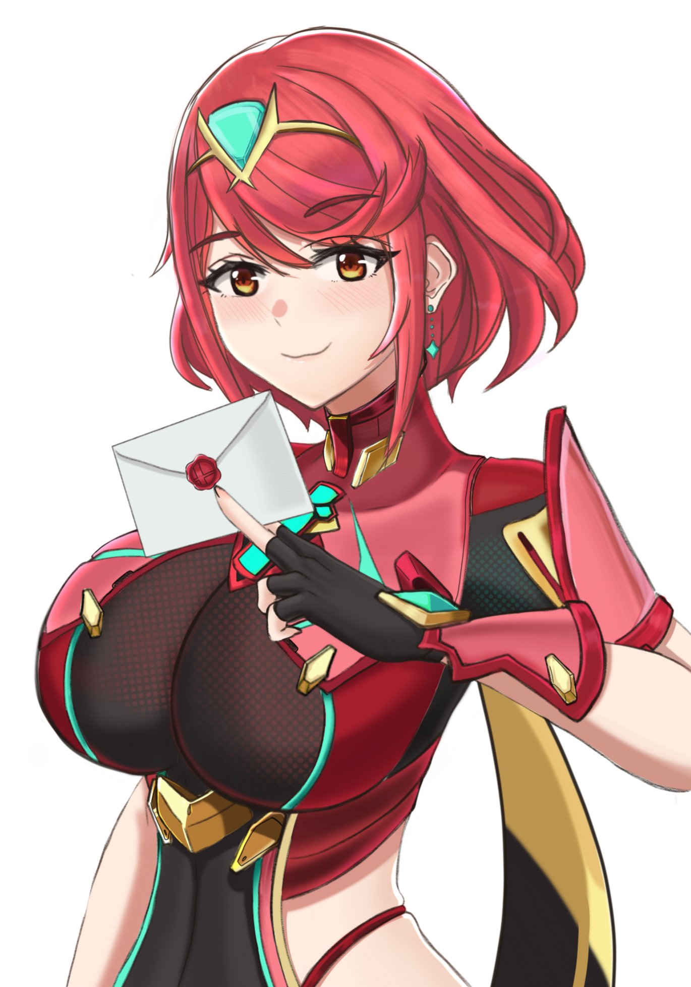 1girl bangs black_gloves breasts chest_jewel desspie earrings fingerless_gloves gem gloves headpiece highres jewelry large_breasts pyra_(xenoblade) red_eyes red_shorts redhead short_hair short_shorts shorts solo super_smash_bros. swept_bangs tiara xenoblade_chronicles_(series) xenoblade_chronicles_2