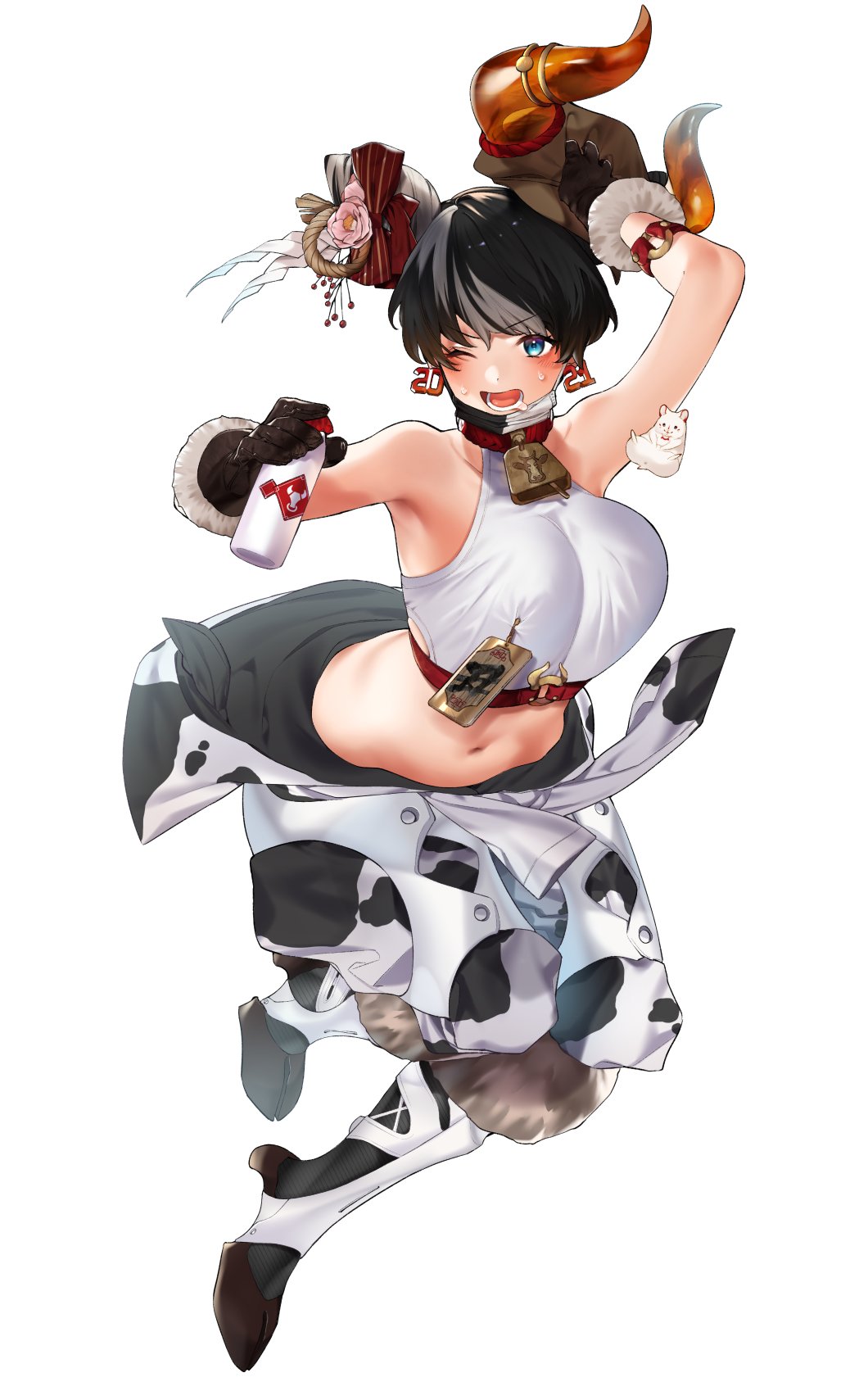 1girl armpits bare_shoulders bell black_hair blue_eyes boots breasts cowbell fur-trimmed_boots fur-trimmed_gloves fur_trim gloves hair_ornament headwear_removed highres horns huge_breasts looking_at_viewer lower_teeth mask_around_neck midriff milk mouse navel one_eye_closed open_mouth original shirt short_hair sino42 sweat sweatdrop tied_shirt white_background