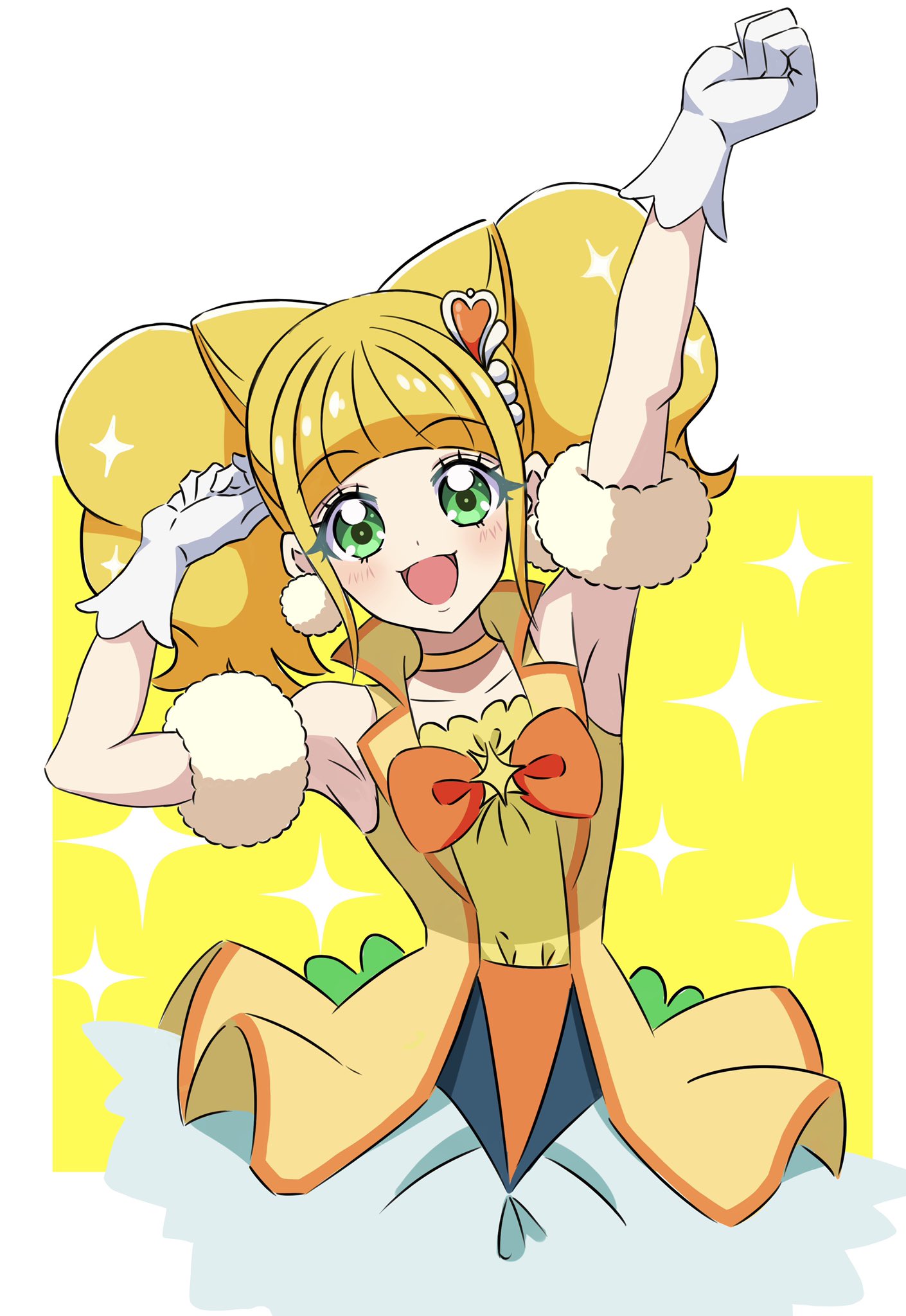 1girl :d arm_strap arm_up armpits bangs blonde_hair blunt_bangs choker collarbone cure_sparkle eyebrows_visible_through_hair gloves hair_ornament healin'_good_precure heart heart_hair_ornament highres kousuke0912 long_hair looking_at_viewer open_mouth orange_neckwear precure shiny shiny_hair smile solo twintails white_gloves yellow_choker