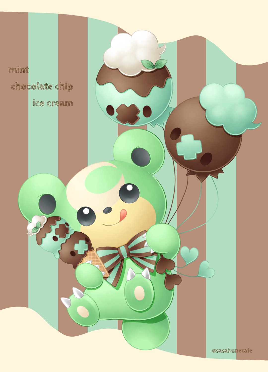 :q alternate_color artist_name balloon bow bowtie claws closed_mouth commentary_request drifloon food gen_2_pokemon gen_4_pokemon head_tilt heart highres holding ice_cream ice_cream_cone looking_at_viewer pokemon pokemon_(creature) sasabunecafe shiny_pokemon smile teddiursa tongue tongue_out