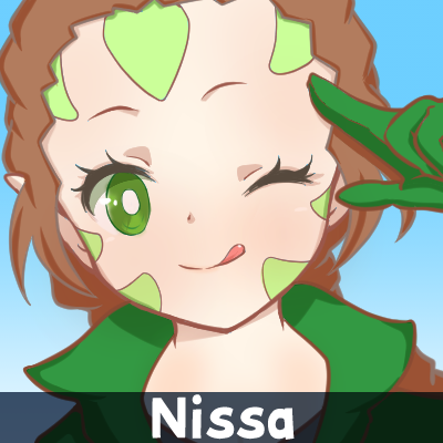 1girl blue_background blurry blurry_background blush brown_hair character_name chitan coat commentary_request elf english_text facial_hair genshin_impact green_coat green_eyes hair_slicked_back letterboxed lowres magic:_the_gathering nissa_revane one_eye_closed paimon_(genshin_impact) parody pointy_ears ponytail portrait salute sidelocks sky solo tongue tongue_out