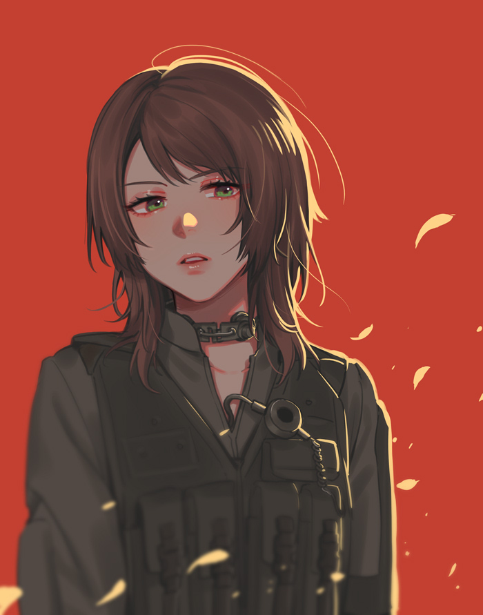 1girl blurry brown_hair bulletproof_vest choker expressionless eyebrows_visible_through_hair green_eyes long_sleeves medium_hair metal_gear_(series) metal_gear_solid_v noriuma official_alternate_costume parted_lips petals quiet_(metal_gear) red_background sidelighting sideways_glance solo tactical_clothes tagme upper_body vest