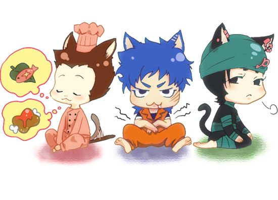 3boys =3 animal_ears aroe?_temp bandages black_hair blue_eyes blue_hair blue_shirt blush bodysuit brown_hair cat_boy caterpillar_tracks chef_hat chef_uniform chibi closed_eyes coco_(toriko) commentary_request crossed_arms fish food frown green_eyes hat komatsu_(toriko) leaf looking_at_viewer meat multiple_boys orange_overalls scar seiza shadow shirt short_hair short_sleeves sigh simple_background sitting stomach_growling tail tail_wagging thick_eyebrows thought_bubble toriko toriko_(series) turban white_background
