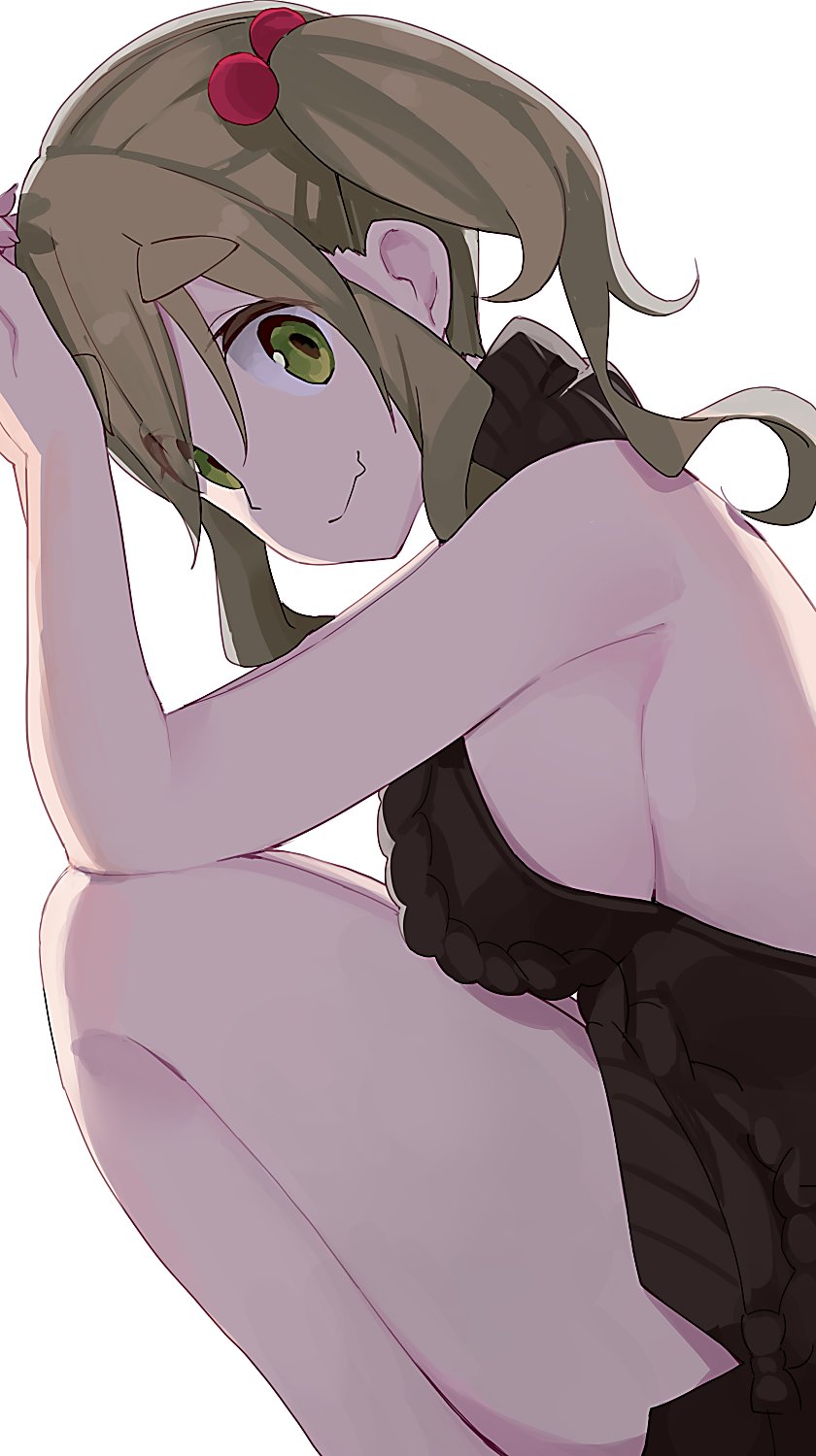 1girl arms_up bangs black_sweater breasts closed_mouth commentary eyebrows_visible_through_hair fang from_side green_eyes hair_between_eyes hair_bobbles hair_ornament highres hiroki_(yyqw7151) inuyama_aoi large_breasts looking_at_viewer naked_sweater side_ponytail sideboob simple_background skin_fang sleeveless_sweater solo sweater thick_eyebrows thighs white_background yurucamp