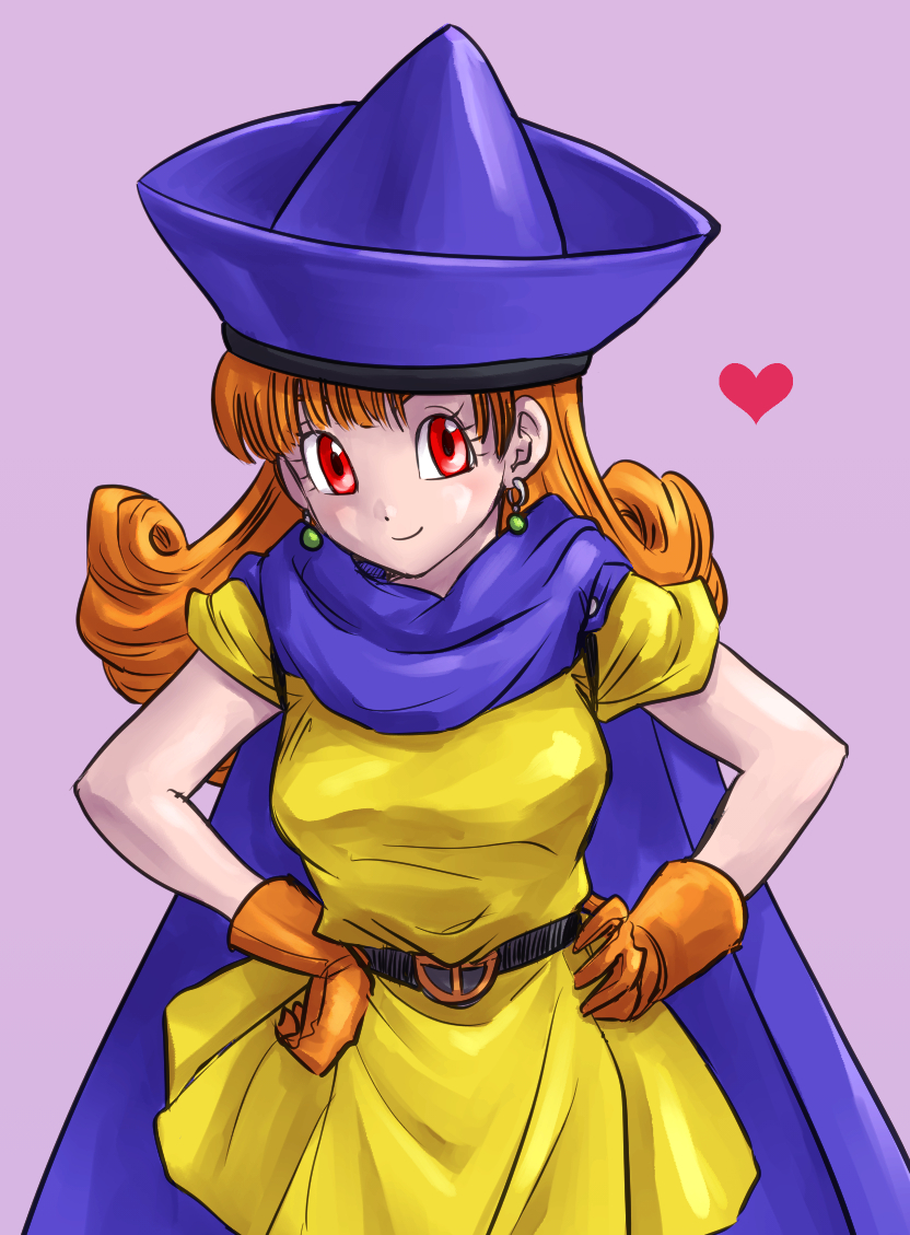 1girl alena_(dq4) blue_cape blue_headwear blush breasts brown_gloves cape chinyan commentary_request curly_hair dragon_quest dragon_quest_iv dress earrings gloves hands_on_hips hat heart jewelry long_hair looking_at_viewer medium_breasts orange_hair purple_background red_eyes short_sleeves smile solo yellow_dress