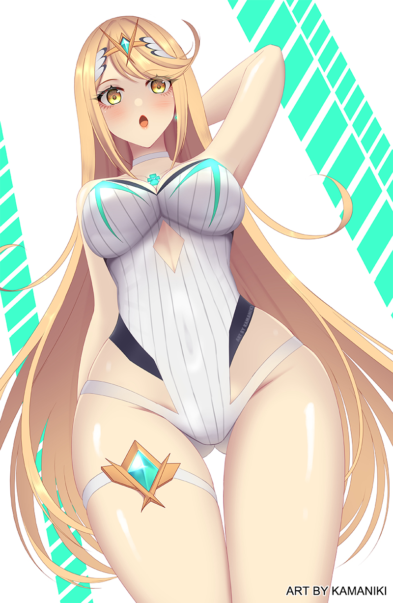 1girl arm_behind_head artist_name ass_visible_through_thighs bangs blonde_hair breasts choker cowboy_shot curvy eyelashes highres impossible_clothes kamaniki large_breasts long_hair looking_down mythra_(xenoblade) one-piece_swimsuit open_mouth shiny shiny_skin skin_tight sleeveless solo swept_bangs swimsuit taut_clothes taut_swimsuit thighs very_long_hair white_choker white_swimsuit wide_hips xenoblade_chronicles_(series) xenoblade_chronicles_2 yellow_eyes