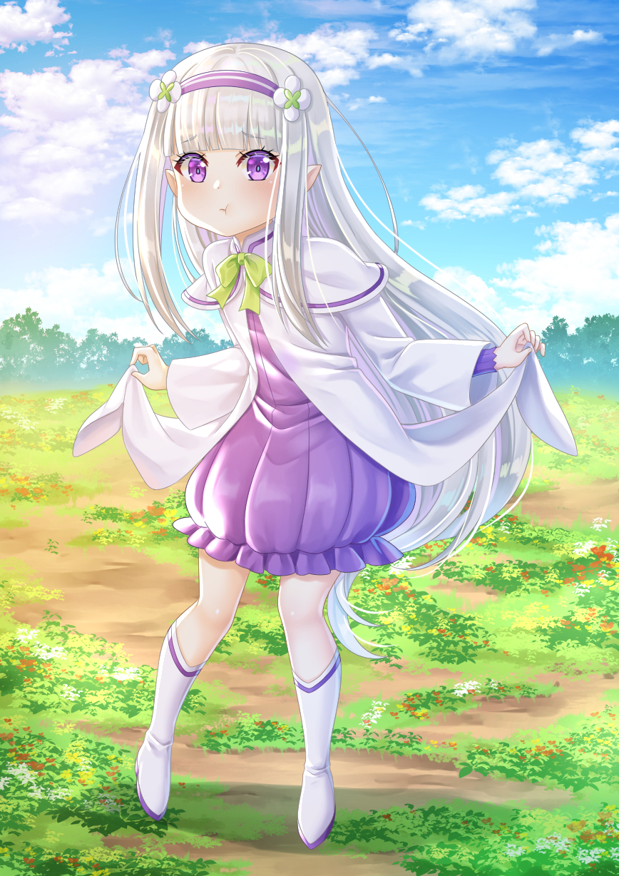 1girl :t bangs blue_sky boots bow capelet closed_mouth clouds cloudy_sky commentary day dress emilia_(re:zero) eyebrows_visible_through_hair flower frilled_dress frills green_bow hair_flower hair_ornament hairband highres long_hair long_sleeves looking_at_viewer outdoors pointy_ears pout purple_dress purple_hairband re:zero_kara_hajimeru_isekai_seikatsu silver_hair skirt_hold sky solo standing symbol_commentary very_long_hair villyane violet_eyes white_capelet white_dress white_flower white_footwear wide_sleeves