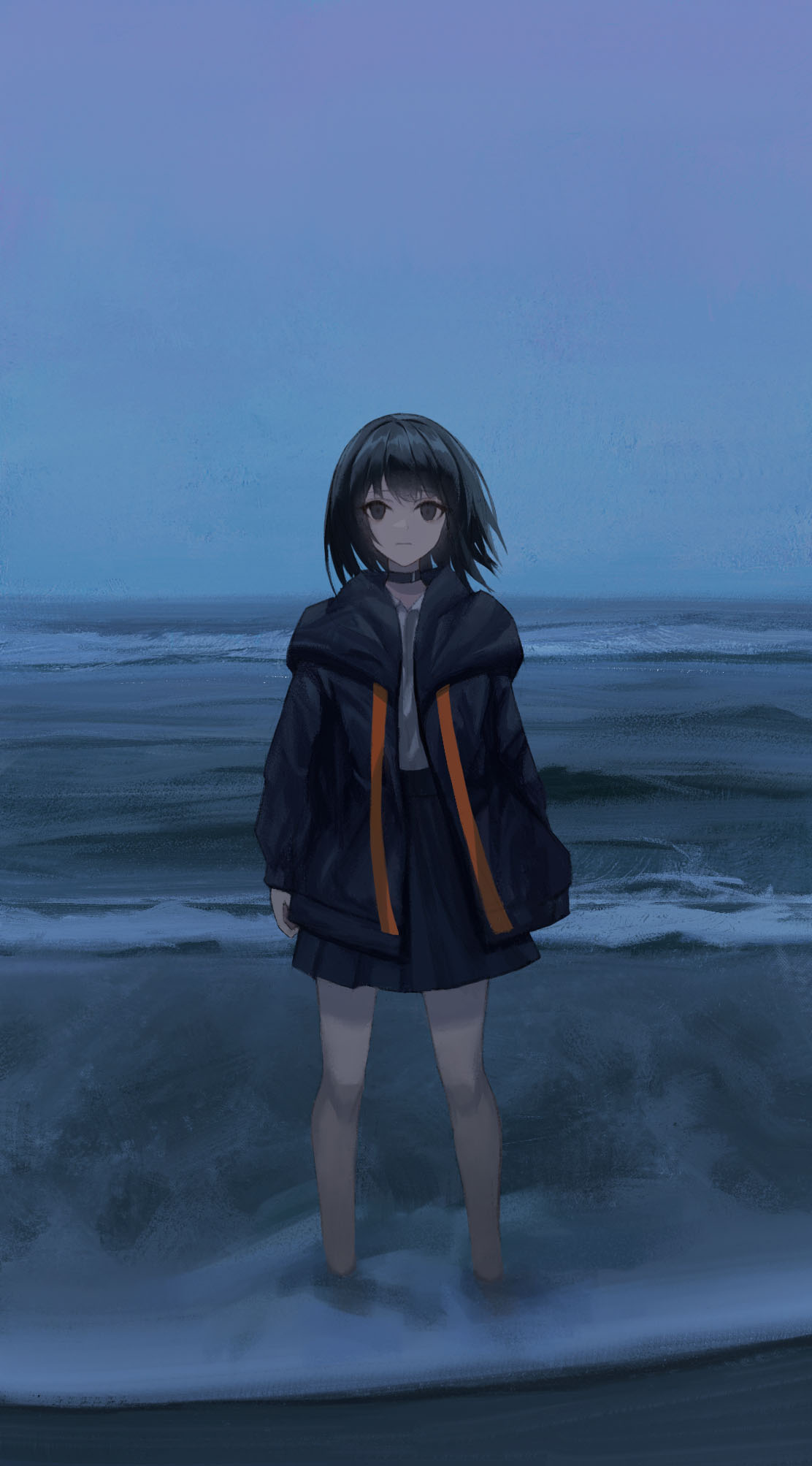 1girl bangs black_eyes black_hair choker closed_mouth full_body highres iranon_(new_iranon) jacker long_sleeves looking_at_viewer ocean original outdoors shore short_hair skirt solo standing water