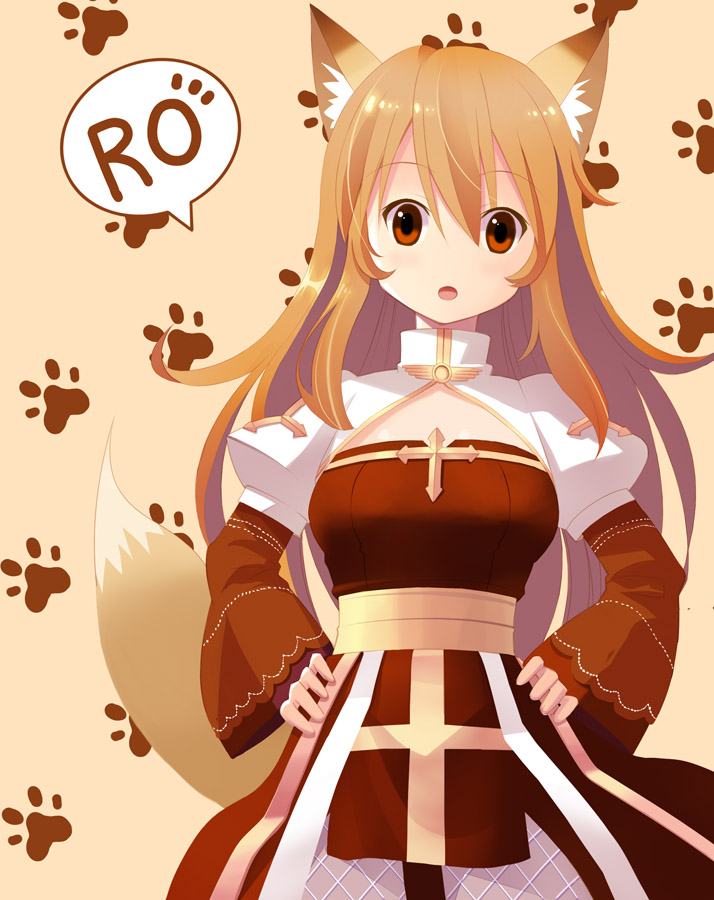 1girl :o animal_ears archbishop_(ragnarok_online) bangs brown_background brown_eyes brown_hair cleavage_cutout clothing_cutout commentary_request copyright_name cowboy_shot cross doridori dress eyebrows_visible_through_hair fishnet_legwear fishnets fox_ears fox_tail frilled_sleeves frills hair_between_eyes hands_on_hips juliet_sleeves long_hair long_sleeves looking_at_viewer open_mouth paw_print paw_print_background puffy_sleeves ragnarok_online red_dress sash shiny shiny_hair solo speech_bubble standing tail thigh-highs white_dress white_legwear yellow_sash