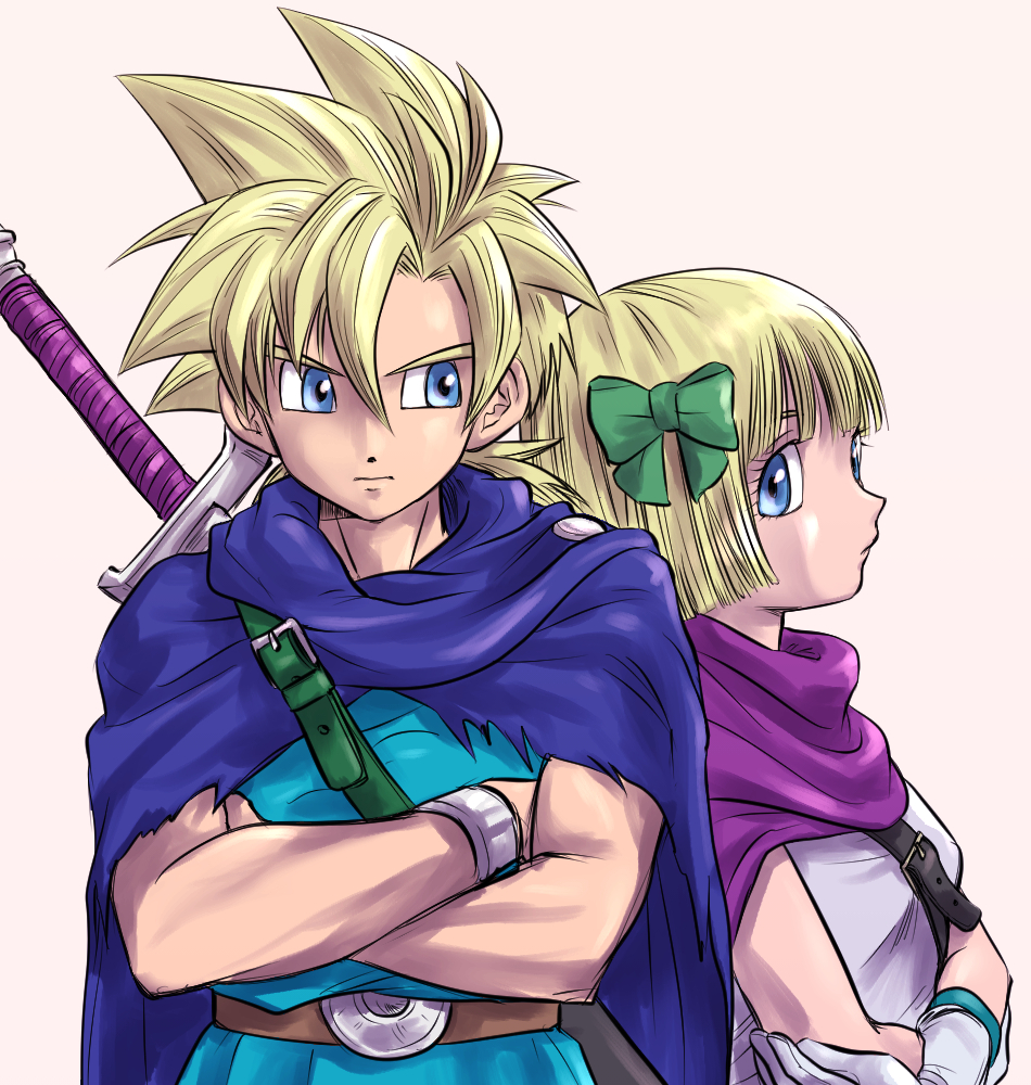 1boy 1girl blonde_hair blue_cape blue_eyes bow bracelet brother_and_sister cape chinyan commentary_request crossed_arms dragon_quest dragon_quest_v gloves green_bow hair_bow hero's_daughter_(dq5) hero's_son_(dq5) jewelry looking_at_another looking_to_the_side purple_cape shirt short_hair siblings spiky_hair sword upper_body weapon white_gloves white_shirt