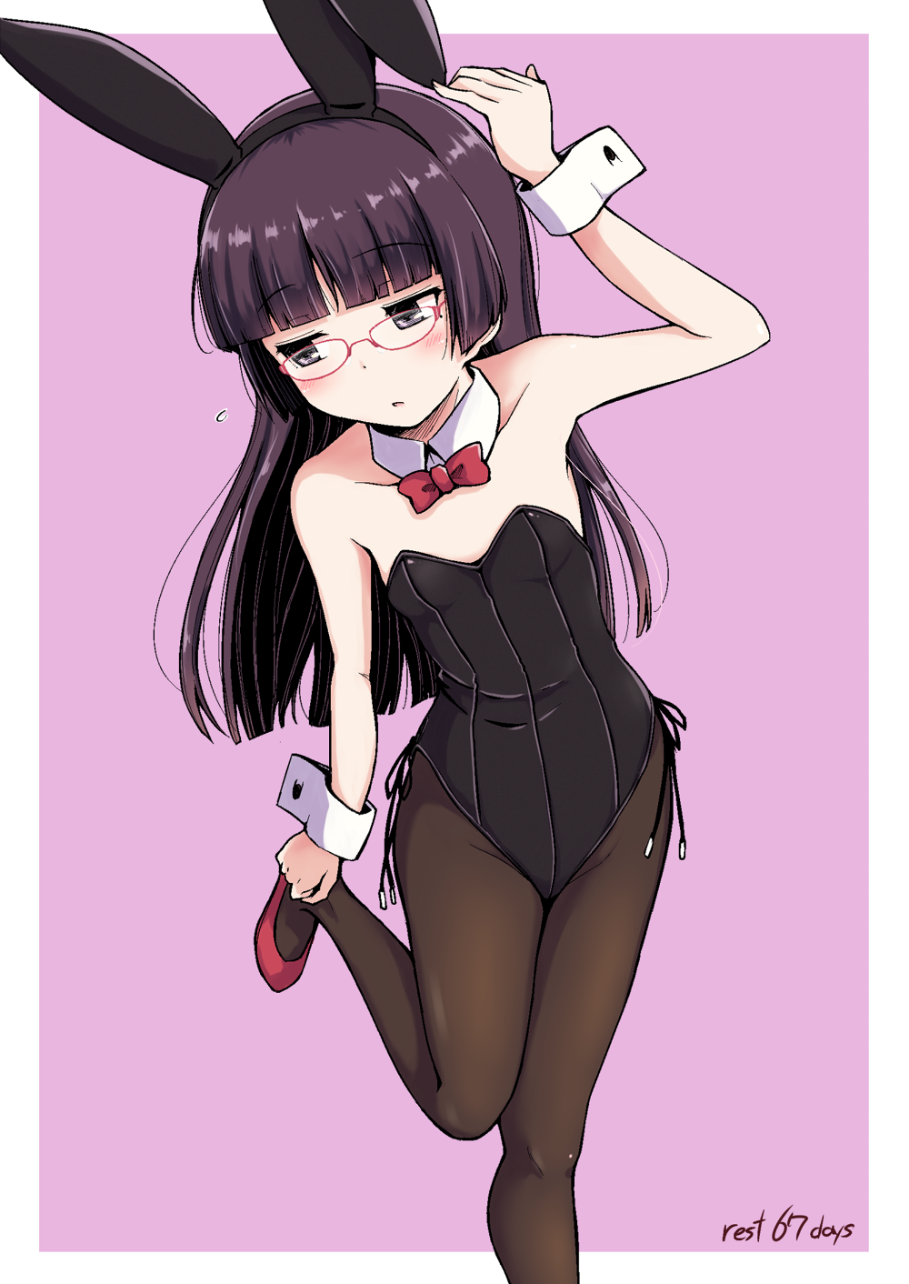 1girl animal_ears black_hair black_legwear black_leotard border bow bowtie breasts cowboy_shot detached_collar gokou_ruri herunin high_heels highres hime_cut leotard long_hair looking_to_the_side mole mole_under_eye ore_no_imouto_ga_konna_ni_kawaii_wake_ga_nai pantyhose playboy_bunny purple_background rabbit_ears red-framed_eyewear red_footwear red_neckwear small_breasts solo standing standing_on_one_leg strapless strapless_leotard two-tone_background violet_eyes white_border wrist_cuffs