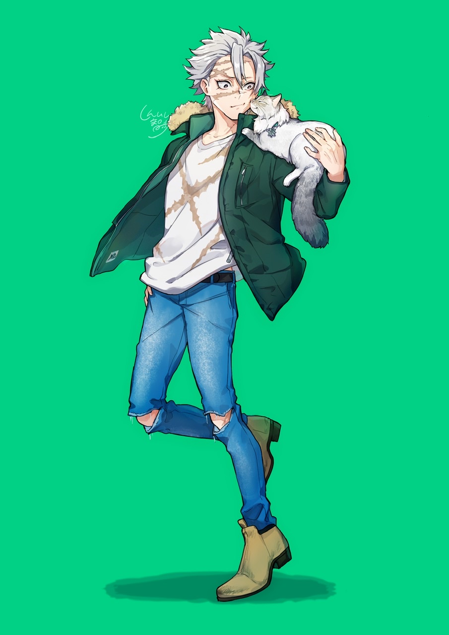 1boy animal_on_shoulder belt blue_pants brown_footwear cat cat_on_shoulder contemporary denim full_body green_background green_jacket grey_hair highres jacket jeans kimetsu_no_yaiba long_sleeves pants piroshiki123 print_shirt scar scar_on_face shadow shinazugawa_sanemi shirt shoes short_hair signature simple_background solo standing torn_clothes torn_jeans torn_pants white_shirt