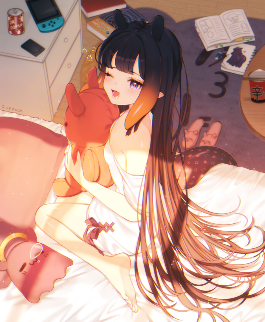 1girl animal_ears animal_slippers bangs bare_shoulders barefoot bed bed_sheet black_hair brand_name_imitation breasts commentary drooling from_above gradient_hair hololive hololive_english indoors long_hair morning multicolored_hair nii_a_sleepy_knee ninomae_ina'nis nintendo_switch nose_bubble off_shoulder one_eye_closed open_mouth orange_hair pajamas pointy_ears ramen sidelocks sitting sketchbook slippers slippers_removed small_breasts solo sunlight tako_(ninomae_ina'nis) tentacles tongue very_long_hair violet_eyes virtual_youtuber waking_up wariza yawning