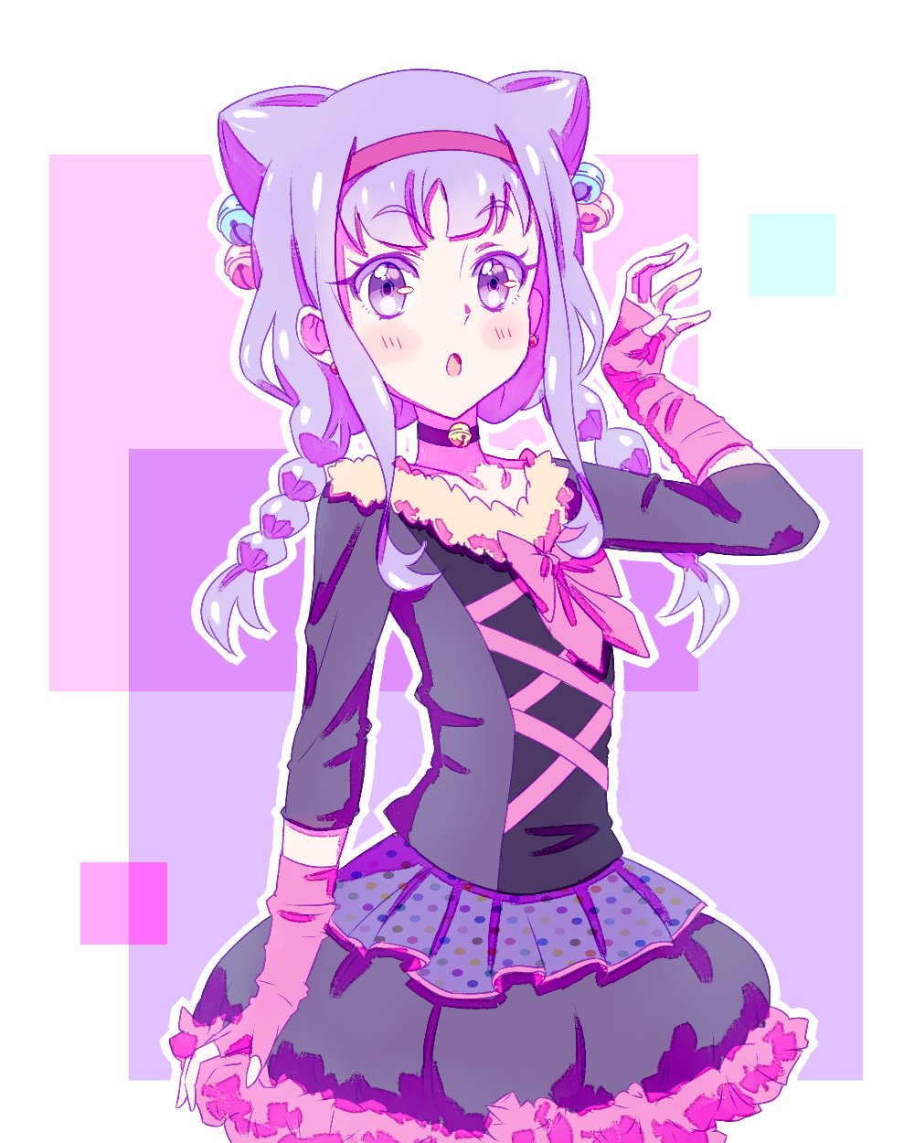 1girl bangs bell bell_choker black_choker black_skirt blush bow bowtie choker collarbone double_bun earrings eyebrows_visible_through_hair fingerless_gloves gloves hairband highres hugtto!_precure jewelry kyoutsuugengo long_hair long_sleeves miniskirt open_mouth pink_gloves precure purple_hair red_bow red_hairband red_neckwear ruru_amour shiny shiny_hair sketch skirt solo standing violet_eyes younger
