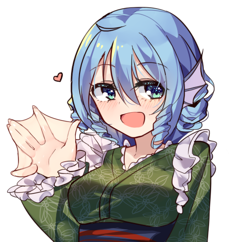 1girl blue_eyes blue_hair ddt_(darktrident) frills green_kimono hair_between_eyes heart japanese_clothes kimono long_sleeves looking_at_viewer lowres medium_hair open_mouth smile solo touhou upper_body wakasagihime waving webbed_hands white_background