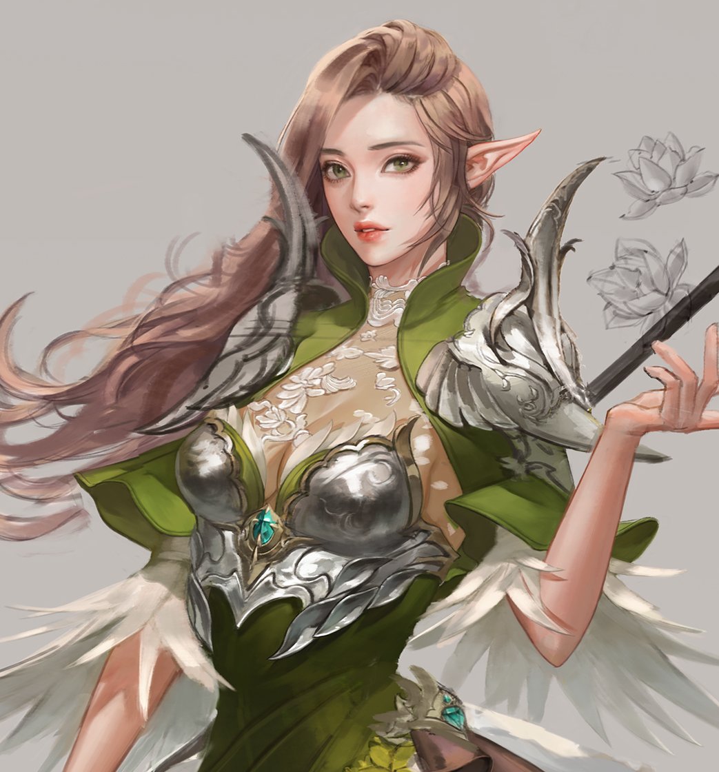 1girl armor boobplate breastplate brown_hair cropped elf feather_trim flower green_eyes grey_background long_hair original parted_lips pauldrons pointy_ears red_lips shoulder_armor sketch solo srasa