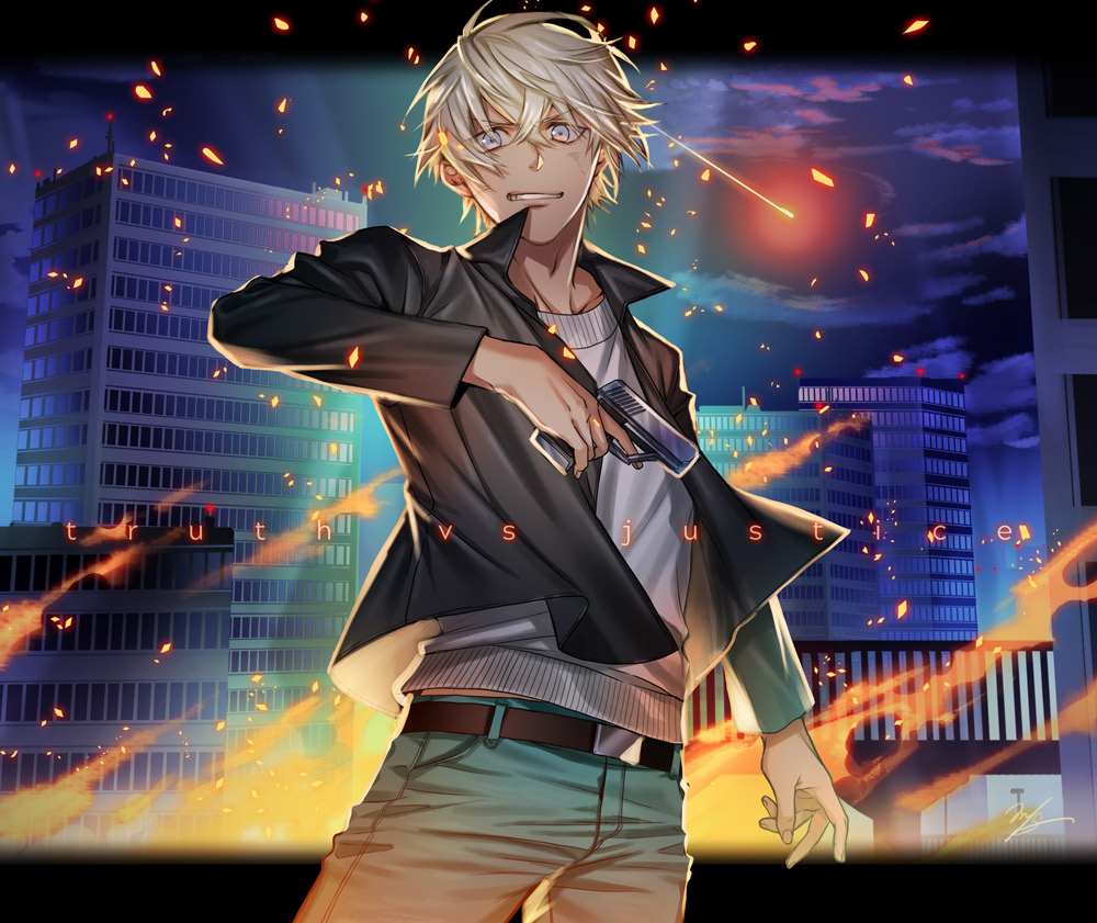 1boy amuro_tooru arm_at_side bangs belt black_belt black_jacket blonde_hair blue_eyes blue_pants building cardigan casual clouds commentary_request cowboy_shot embers english_text fire grin gun hair_between_eyes hand_up handgun holding holding_gun holding_weapon jacket letterboxed long_sleeves looking_at_viewer m/g male_focus meitantei_conan night night_sky open_clothes open_jacket outdoors pants railing short_hair signature sky skyscraper smile solo standing weapon white_cardigan