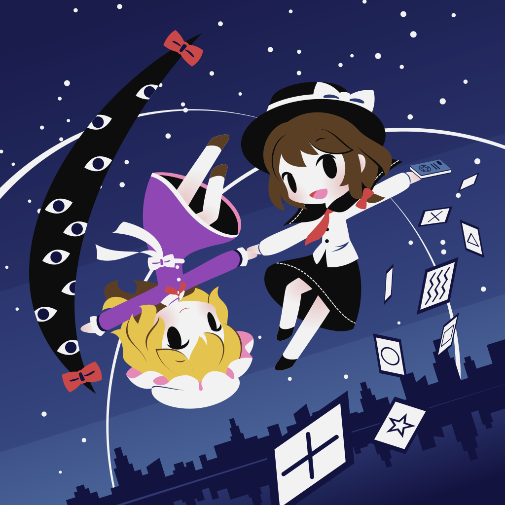 2girls black_capelet black_headwear black_neckwear black_skirt blonde_hair bow brown_hair capelet chibi cobalta dress fedora gap_(touhou) hair_ribbon hat hat_bow holding_hands long_sleeves maribel_hearn mob_cap multiple_girls necktie purple_dress ribbon shirt short_hair skirt skyline star_(sky) touhou tress_ribbon usami_renko waist_bow white_bow white_headwear white_shirt zener_card