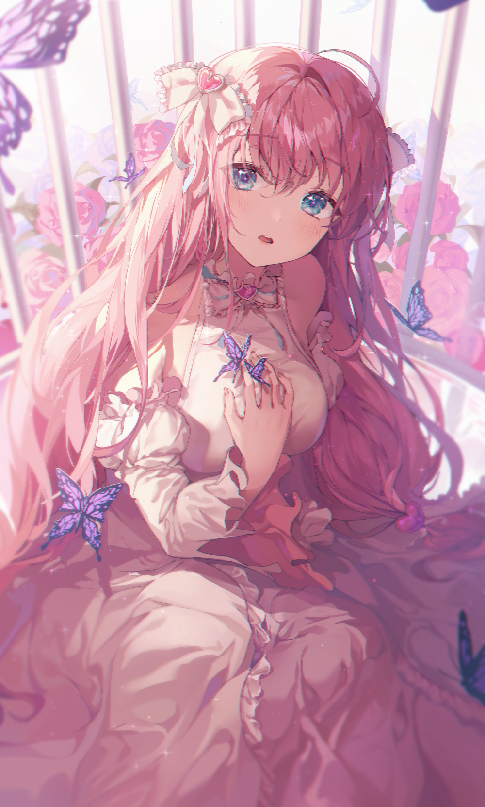 1girl :o ahoge bangs bare_shoulders blue_eyes blush bow breasts bug butterfly cage detached_sleeves dress eyebrows_visible_through_hair flower frilled_dress frilled_sleeves frills from_above hair_ornament halter_dress halterneck hand_on_own_chest heart heart_hair_ornament highres insect large_breasts long_hair looking_at_viewer original pink_flower pink_hair pink_rose purple_butterfly rose sitting sitting_on_floor solo sparkling_eyes teeth ttosom upper_teeth white_dress