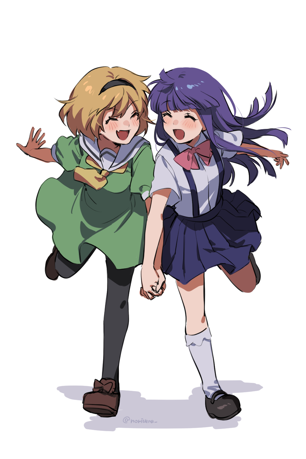 2girls bangs black_footwear black_hairband black_legwear black_skirt blonde_hair bow bowtie brown_footwear closed_eyes commentary_request dress fang full_body furude_rika green_dress hairband highres higurashi_no_naku_koro_ni holding_hands houjou_satoko interlocked_fingers kneehighs loafers long_hair mary_janes multiple_girls noriuma open_mouth pantyhose pink_neckwear pleated_skirt puffy_short_sleeves puffy_sleeves purple_hair sailor_collar shadow shirt shoes short_hair short_sleeves simple_background skin_fang skirt smile suspender_skirt suspenders white_background white_legwear white_sailor_collar white_shirt