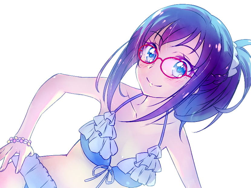 1girl bangs bikini blue_bikini blue_eyes blue_hair bracelet breasts closed_mouth collarbone dokidoki!_precure dutch_angle eyebrows_visible_through_hair front-tie_bikini front-tie_top glasses hair_between_eyes hair_ornament hair_scrunchie halterneck hishikawa_rikka jewelry kyoutsuugengo long_hair looking_at_viewer ponytail precure red-framed_eyewear scrunchie shiny shiny_hair shiny_skin simple_background small_breasts smile solo swimsuit white_background white_scrunchie
